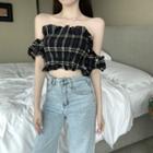 Plaid Off-shoulder Short-sleeve Cropped Blouse As Shown In Figure - One Size
