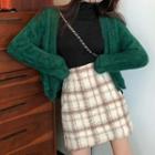 Mini Plaid A-line Skirt / Furry Cardigan / Mock Turtleneck Long-sleeve Top