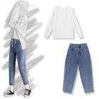 Cold Shoulder Hooded Long-sleeve T-shirt / Cropped Straight-fit Jeans
