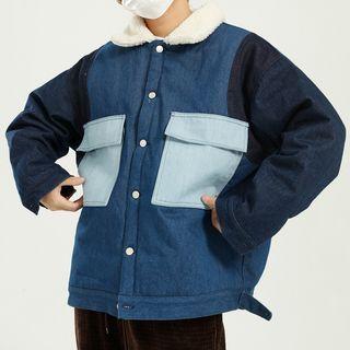 Long-sleeve Denim Panel Fleece Collar Jacket