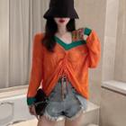 One-shoulder Colorblock Drawstring Light Knit Top