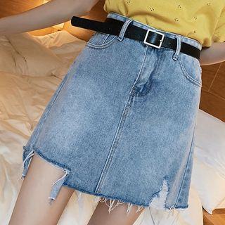 Frayed Hem Mini Denim Skirt