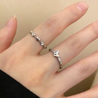 Set Of 2: Butterfly / Heart Rhinestone Alloy Earring Set Of 2 - Rings - Silver - One Size
