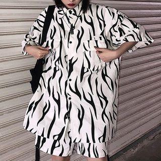 Set: Zebra Print Short-sleeve Shirt + Shorts Set - Shirt - Zebra - White - One Size / Shorts - Zebra - White - One Size