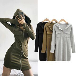 Long Sleeve Zip Bodycon Hooded Dress