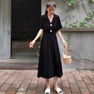 Short-sleeve Button V-neck Midi A-line Dress