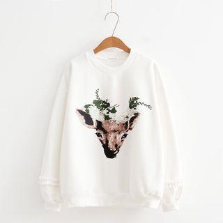 Puff-sleeve Deer Print Pullover
