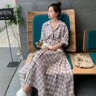 Plaid Elbow-sleeve Lace-up Dress