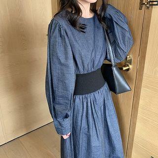 Balloon-sleeve Midi Denim A-line Dress