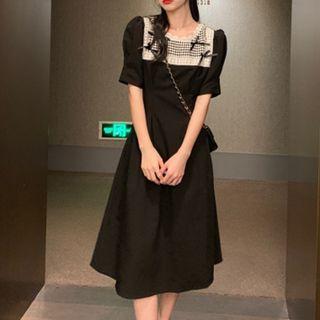 Short-sleeve Lace Trim Bow Detail Midi A-line Dress