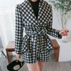 Set: Shawl-collar Check Jacket With Sash + Shorts