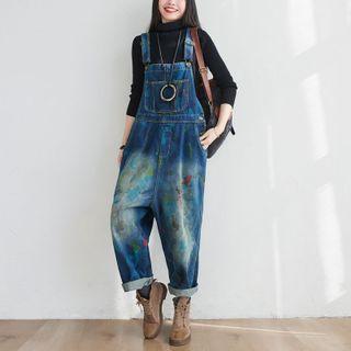 Washed Harem Denim Dungaree Pants Blue - One Size