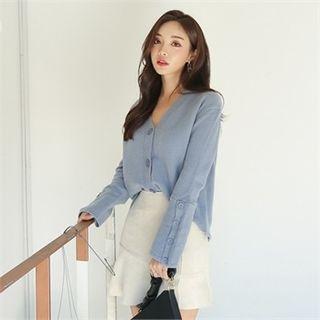 V-neck Button-sleeve Cardigan