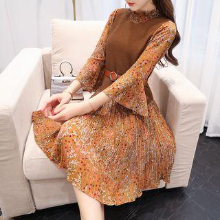 Set: Floral Print Bell-sleeve Chiffon Dress + Knit Vest