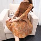Set: Floral Print Bell-sleeve Chiffon Dress + Knit Vest