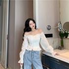 Off-shoulder Bell-sleeve Ruffled Blouse White - One Size