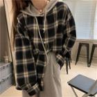 Hooded Plaid Shirt Jacket / Plain Sweatpants