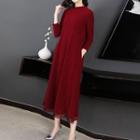 3/4-sleeve Mesh Hem Midi A-line Knit Dress