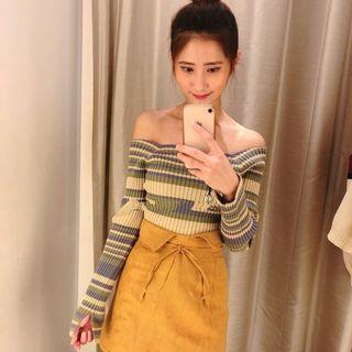 Off-shoulder Striped Knit Top Stripe - Multicolour - One Size