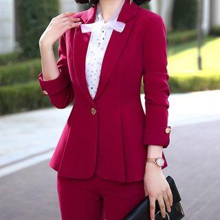 One-button Blazer / Bow Dotted Blouse / Pencil Skirt / Straight-cut Pants / Set