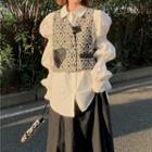 Patterned Button-up Vest / Puff-sleeve Plain Shirt / Midi A-line Skirt