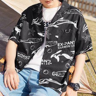 Elbow-sleeve Ocean Print Shirt