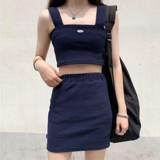 Set: Corduroy Cropped Camisole Top + A-line Skirt Set - Dark Blue - One Size