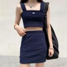 Set: Corduroy Cropped Camisole Top + A-line Skirt Set - Dark Blue - One Size