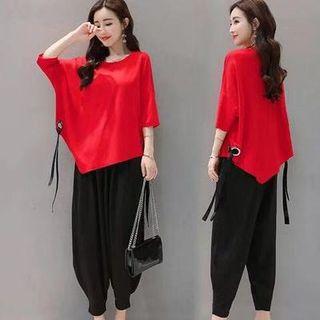 Set: Elbow-sleeve Top + Crop Harem Pants