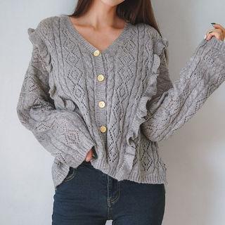 Frill-trim Pointelle-knit Cardigan