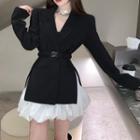 Slit Belted Blazer / Mini A-line Skirt