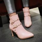 Faux Leather Studded Strap High Heel Ankle Boots