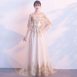 Cape-sleeve Sequined A-line Evening Gown