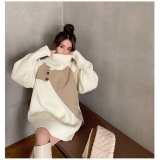 Oversized Turtleneck Paneled Sweater Light Khaki & White - One Size