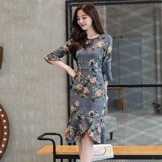 Elbow-sleeve Floral Ruffle-hem Midi Dress