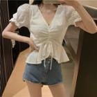 Puff-sleeve Drawstring Open Knit Top As Shown In Figure - One Size