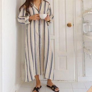 Long-sleeve Striped Midi Shirtdress White - One Size