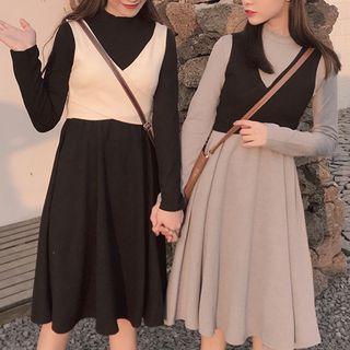 Set: Mock Neck Long-sleeve A-line Dress + Cropped Sleeveless Top