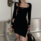 Set: Irregular Hem Spaghetti Strap Mini Sheath Dress + Long-sleeve Crop Top Set Of 2 - Black - One Size