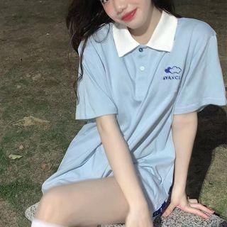 Short-sleeve Lettering Print Polo Shirt Light Blue - One Size