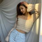 Off-shoulder Knit-panel Crop Blouse