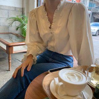 Ruffle Trim Buttoned Long-sleeve Blouse