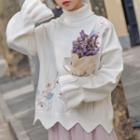 Mock Neck Bell-sleeve Embroidered Sweater