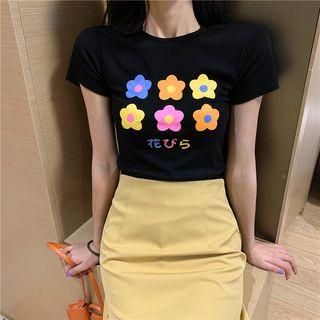 Short-sleeve Floral Printed Cropped T-shirt