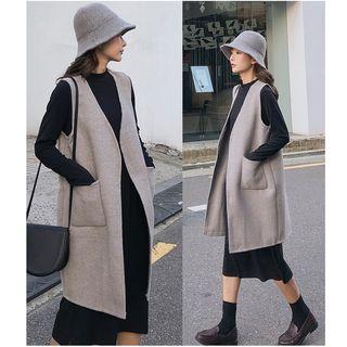 Set: Pocket Vest + Long-sleeve Plain Dress