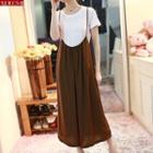 Set: Plain Short Sleeve T-shirt + Spaghetti Strap Pinafore Jumpsuit