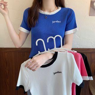Short-sleeve Contrast Trim Embroidered Lettering T-shirt