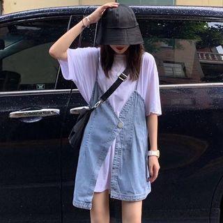 Elbow-sleeve Crew-neck T-shirt Dress / Denim Spaghetti Strap Dress / Set