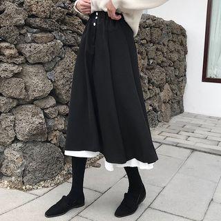 Two-tone Midi A-line Skirt Black - One Size