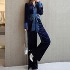 Long-sleeve Tie-waist Velvet Wide-leg Jumpsuit